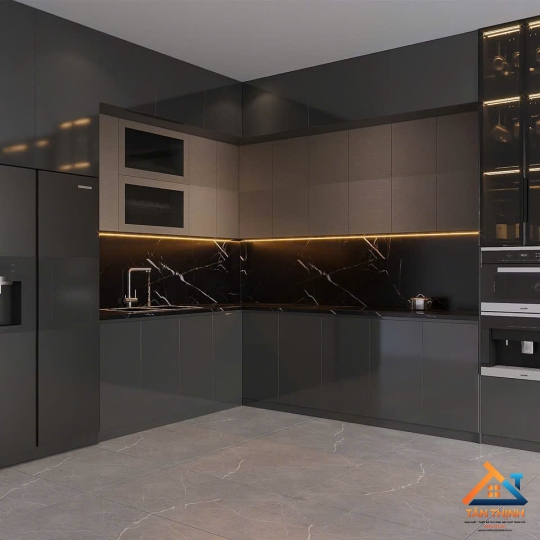 Combo Nội Thất Nhà Bếp Hiện Đại - Hệ Tủ Bếp Chữ L Kịch Trần Đen Bóng Sang Trọng