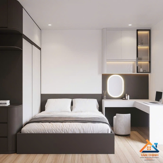Trọn Bộ Nội Thất Phòng Ngủ Master Màu Xám Trắng - Tủ Áo Kịch Trần & Bàn Chữ L Thông Minh