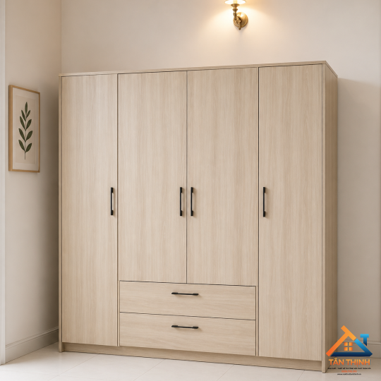 Tủ quần áo 4 cánh gỗ MDF màu gỗ sáng – cửa mở, 2 hộc kéo tiện lợi