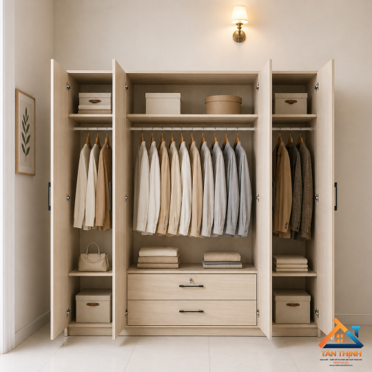 Tủ quần áo 4 cánh gỗ MDF màu gỗ sáng – cửa mở, 2 hộc kéo tiện lợi