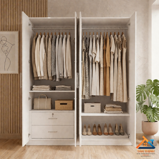 Tủ quần áo gỗ MDF 4 cánh màu trắng hiện đại