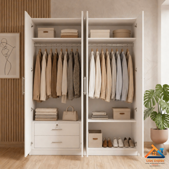 Tủ quần áo gỗ MDF 4 cánh màu trắng hiện đại
