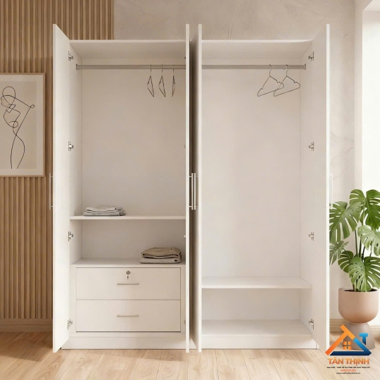 Tủ quần áo gỗ MDF 4 cánh màu trắng hiện đại